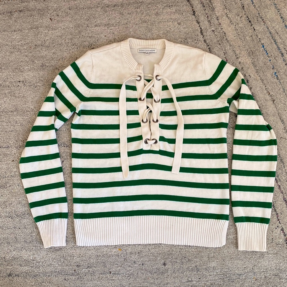 Cotton/Silk/Cashmere Green and White Lace-Up Sailor Sweater